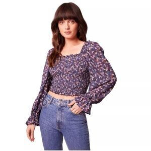 Band of Gypsies Band of The Free Purple Ivory Floral Smocked Balloon Sleeve Top
